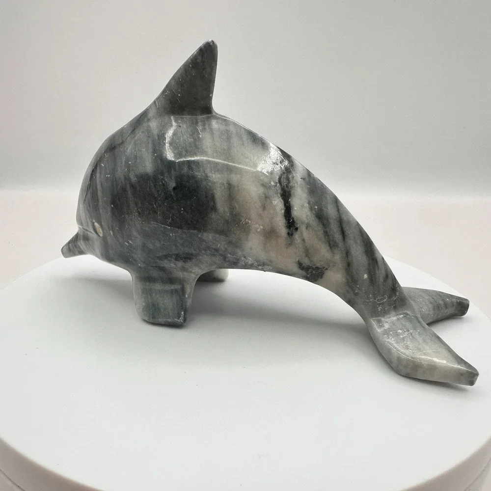 Vintage 90s Dolphin Figurine Gray Marbled Soapstone Ocean Home Decor Accessories